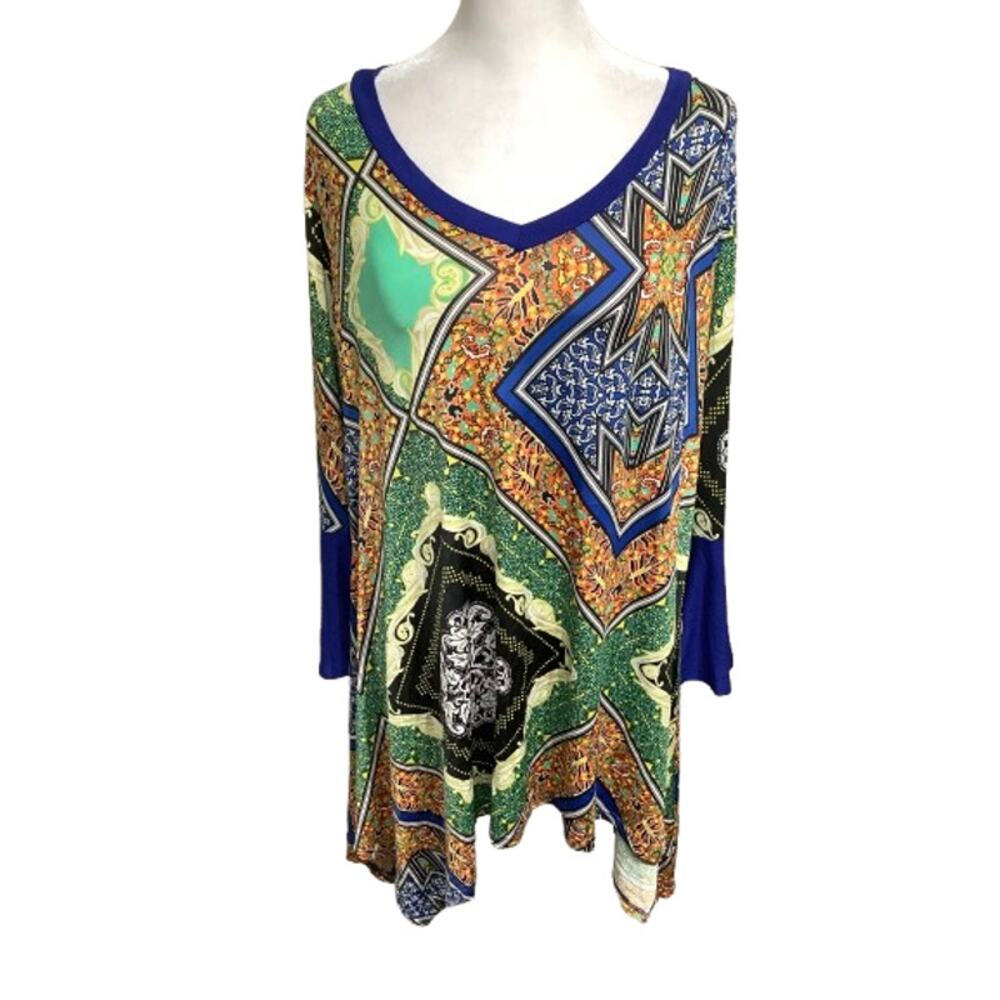 R. Rouge Paisley Geometric Long Sleeve Top 3XL Bell Sleeves Boho Y2K Hippie